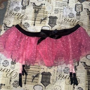 La Senza Pink Polka Dot Tulle Skirt Garter Belt with Black Bow Thong